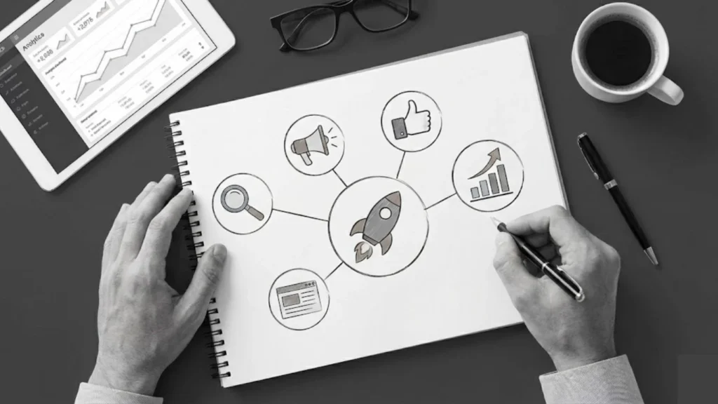 Digital marketing strategy planning with analytics, SEO, and online growth concepts